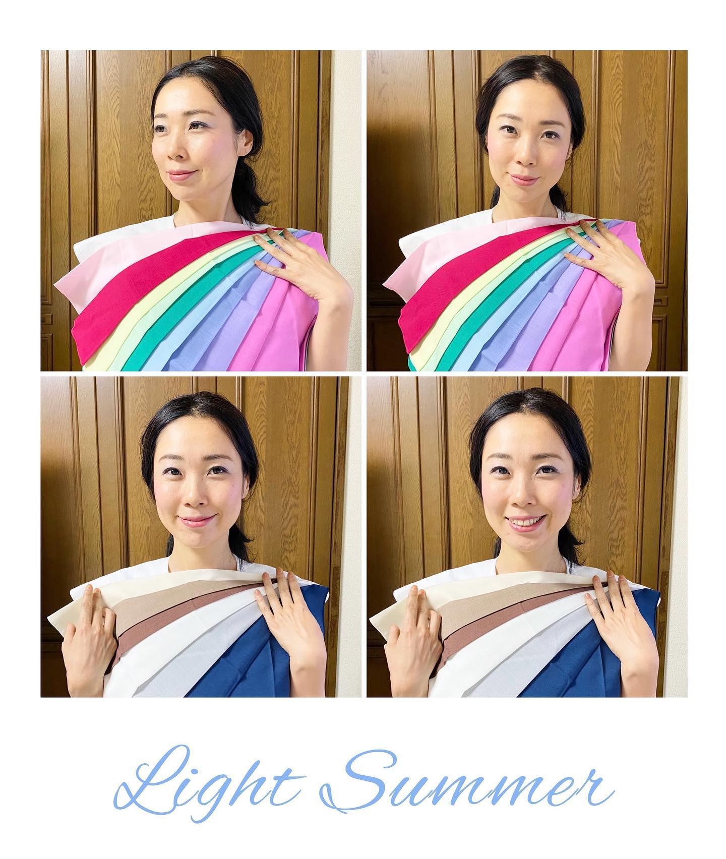 昨年から淡路島にお住まいで、ひとを幸せにするお仕事をされている大桃尚子さんがサロンにお越し下さいました。第一印象では凛とした強さを感じた大桃さんでしたが、お話をするうちに自然体でチャーミングなところが魅力的な方だな、と思いました私と同じように「強さ」を感じる方が多いからか、はっきりした色がお似合いな印象を持たれる事が多いようですが、診断してみると明るい透明感のある色がとてもお似合いなライトサマーさんだと分かり、ご本人も少し驚かれたようでした。赤系やグリーンは濃いめの色も素敵でしたが、全体的にはベージュやグレーなどのベーシックカラーを含め、明るめがよりお似合い。アイシャドウにネイビーとラベンダー、リップにソフトピンク、チークにフューシャピンクを使ったブルベメイクもとてもお似合いでしたパーソナルカラーをちゃんと診断されたいと思われていたタイミングで見つけて下さったようで、「淡路島にもあるんだ！って思いました。」とおっしゃっていました。皆さんそう思われるようですが、2013年からやってます（写真掲載の承諾をいただいたので、載せさせていただきました。ありがとうございます！）#パーソナルカラー診断淡路島#15分類進化型パーソナルカラー診断#骨格診断淡路島#淡路島カラーサロン#studioprism